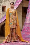 Shop_KARAJ JAIPUR_Yellow Kurta And Gharara Muslin Printed Rose Notched Set_Online_at_Aza_Fashions