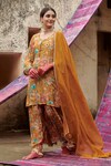 Buy_KARAJ JAIPUR_Yellow Kurta And Gharara Muslin Printed Rose Notched Set