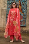 Buy_KARAJ JAIPUR_Red Kurta And Dupatta Organza Printed Floral Mandarin Collar Pant Set_at_Aza_Fashions