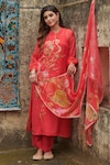 Shop_KARAJ JAIPUR_Red Kurta And Dupatta Organza Printed Floral Mandarin Collar Pant Set_Online_at_Aza_Fashions