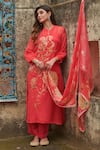 Shop_KARAJ JAIPUR_Red Kurta And Dupatta Organza Printed Floral Mandarin Collar Pant Set_at_Aza_Fashions