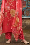 Buy_KARAJ JAIPUR_Red Kurta And Dupatta Organza Printed Floral Mandarin Collar Pant Set