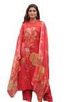 Shop_KARAJ JAIPUR_Red Kurta And Dupatta Organza Printed Floral Mandarin Collar Pant Set