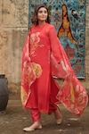 Buy_KARAJ JAIPUR_Red Kurta And Dupatta Organza Printed Floral Mandarin Collar Pant Set_Online