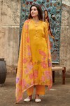 Shop_KARAJ JAIPUR_Yellow Kurta And Dupatta Organza Printed Botanical Mandarin Collar Set_Online_at_Aza_Fashions