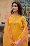 Shop_KARAJ JAIPUR_Yellow Kurta And Dupatta Organza Printed Botanical Mandarin Collar Set_at_Aza_Fashions