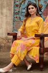 Buy_KARAJ JAIPUR_Yellow Kurta And Dupatta Organza Printed Botanical Mandarin Collar Set