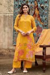 Shop_KARAJ JAIPUR_Yellow Kurta And Dupatta Organza Printed Botanical Mandarin Collar Set