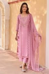 Buy_KARAJ JAIPUR_Purple Kurta And Dupatta Linen Printed Floral Notched Set_at_Aza_Fashions