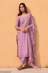 Buy_KARAJ JAIPUR_Purple Kurta And Dupatta Linen Printed Floral Stripe Notched Set_at_Aza_Fashions