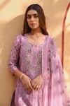 Shop_KARAJ JAIPUR_Purple Kurta And Dupatta Linen Printed Floral Stripe Notched Set_at_Aza_Fashions