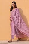 Buy_KARAJ JAIPUR_Purple Kurta And Dupatta Linen Printed Floral Stripe Notched Set_Online_at_Aza_Fashions