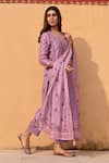 Shop_KARAJ JAIPUR_Purple Kurta And Dupatta Linen Printed Floral Stripe Notched Set_Online_at_Aza_Fashions