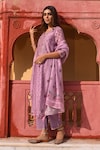 KARAJ JAIPUR_Purple Kurta And Dupatta Linen Printed Floral Stripe Notched Set_at_Aza_Fashions