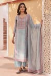 Buy_KARAJ JAIPUR_Blue Kurta And Dupatta Linen Printed Rose Notched Set_at_Aza_Fashions