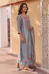 KARAJ JAIPUR_Blue Kurta And Dupatta Linen Printed Rose Notched Set_at_Aza_Fashions