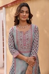 Shop_KARAJ JAIPUR_Blue Kurta And Dupatta Linen Printed Rose Notched Set_at_Aza_Fashions