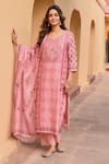 Buy_KARAJ JAIPUR_Peach Kurta And Dupatta Linen Printed Mughal Floral Notched Set_Online_at_Aza_Fashions