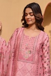 Shop_KARAJ JAIPUR_Peach Kurta And Dupatta Linen Printed Mughal Floral Notched Set_at_Aza_Fashions