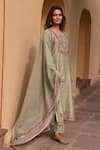 Shop_KARAJ JAIPUR_Green Kurta And Dupatta Linen Printed Bouquet Notched Set_Online_at_Aza_Fashions