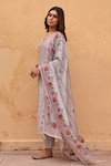 Buy_KARAJ JAIPUR_Grey Kurta And Dupatta Linen Printed Floral Notched Straight Set_Online_at_Aza_Fashions