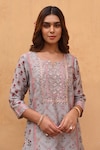 Shop_KARAJ JAIPUR_Grey Kurta And Dupatta Linen Printed Floral Notched Straight Set_at_Aza_Fashions