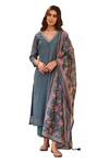 Buy_KARAJ JAIPUR_Green Kurta And Dupatta Chanderi Printed Mughal V Neck Pant Set_Online_at_Aza_Fashions