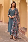 Shop_KARAJ JAIPUR_Green Kurta And Dupatta Chanderi Printed Mughal V Neck Pant Set_Online_at_Aza_Fashions