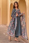 Shop_KARAJ JAIPUR_Green Kurta And Dupatta Chanderi Printed Mughal V Neck Pant Set