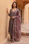 Buy_KARAJ JAIPUR_Grey Kurta And Dupatta Chanderi Printed Mughal V Neck Set_at_Aza_Fashions