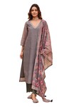 Buy_KARAJ JAIPUR_Grey Kurta And Dupatta Chanderi Printed Mughal V Neck Set_Online_at_Aza_Fashions