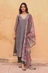 Shop_KARAJ JAIPUR_Grey Kurta And Dupatta Chanderi Printed Mughal V Neck Set_Online_at_Aza_Fashions