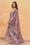 KARAJ JAIPUR_Grey Kurta And Dupatta Chanderi Printed Mughal V Neck Set_at_Aza_Fashions