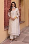 Buy_KARAJ JAIPUR_Cream Kurta Chanderi Embroidery Gota Patti Round Neck Set_at_Aza_Fashions