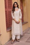 KARAJ JAIPUR_Cream Kurta Chanderi Embroidery Gota Patti Round Neck Set_at_Aza_Fashions