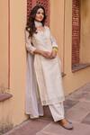 Shop_KARAJ JAIPUR_Cream Kurta Chanderi Embroidery Gota Patti Round Neck Set