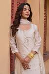 Shop_KARAJ JAIPUR_Cream Kurta Chanderi Embroidery Gota Patti Round Neck Set_at_Aza_Fashions