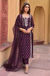 Buy_KARAJ JAIPUR_Purple Kurta Chanderi Embroidery Gota Patti Round Neck Pant Set_at_Aza_Fashions