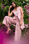 Shop_Pasha India_Pink Polycrepe Printed Floral Notched Lapel Rose Quartz Jacket And Pant Set_at_Aza_Fashions