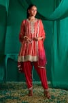 Buy_Mustard Moon By Neyha And Vrinda_Red Georgette, Satin Gota Patti, Mukaish Embroidered A-line Kurta Salwar Set _at_Aza_Fashions