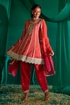 Shop_Mustard Moon By Neyha And Vrinda_Red Georgette, Satin Gota Patti, Mukaish Embroidered A-line Kurta Salwar Set _at_Aza_Fashions