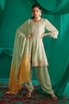 Buy_Mustard Moon By Neyha And Vrinda_Green Georgette, Satin Embroidery, Mirrors Mukaish A-line Kurta And Salwar Set _at_Aza_Fashions