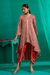 Shop_Mustard Moon By Neyha And Vrinda_Red Georgette, Satin Mirrors, Asymmetric Embroidered Kurta With Tulip Pant _at_Aza_Fashions