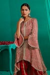Mustard Moon By Neyha And Vrinda_Red Georgette, Satin Mirrors, Asymmetric Embroidered Kurta With Tulip Pant _Online_at_Aza_Fashions