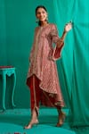 Buy_Mustard Moon By Neyha And Vrinda_Red Georgette, Satin Mirrors, Asymmetric Embroidered Kurta With Tulip Pant _Online_at_Aza_Fashions