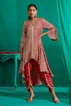 Shop_Mustard Moon By Neyha And Vrinda_Red Georgette, Satin Mirrors, Asymmetric Embroidered Kurta With Tulip Pant _Online_at_Aza_Fashions