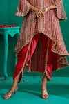 Mustard Moon By Neyha And Vrinda_Red Georgette, Satin Mirrors, Asymmetric Embroidered Kurta With Tulip Pant _at_Aza_Fashions