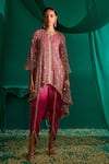 Mustard Moon by Neyha and Vrinda_Pink Kurta Georgette Embroidery Mirror Round Asymmetric Work With Tulip Pant _Online_at_Aza_Fashions