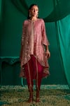 Shop_Mustard Moon by Neyha and Vrinda_Pink Kurta Georgette Embroidery Mirror Round Asymmetric Work With Tulip Pant _Online_at_Aza_Fashions