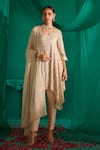 Buy_Mustard Moon by Neyha and Vrinda_Ivory Kurta Georgette Embroidery Mirror V Neck Asymmetric Pant Set_at_Aza_Fashions